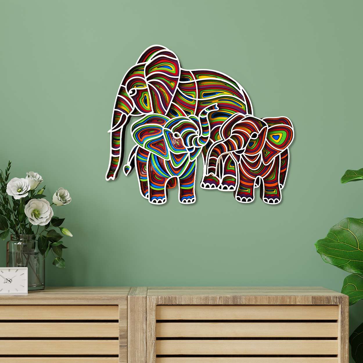 Elephants Mom & Two Babies Multilayer Mandala Wall Art
