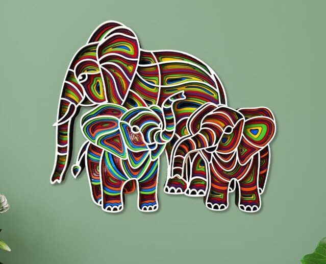 Elephants Mom And Two Babies Mandala Multilayer Art Piece